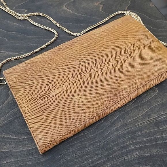 Vtg yellow tan reptile leather envelope crossbody purse - Picture 10 of 16